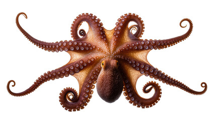 Brown octopus with eight tentacles spread out, showing suckers © Isolde