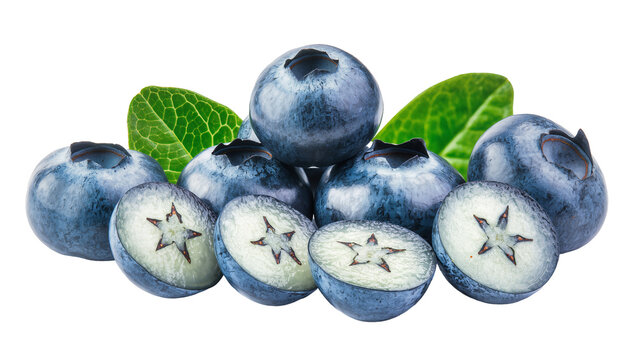 Fresh blueberries with green leaves, some cut in half showing star shape