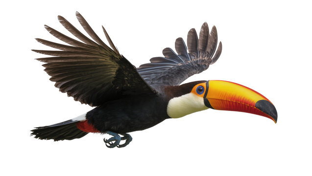 Toucan bird with large colorful beak flying with wings spread