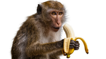 Monkey holding and eating a peeled banana © Isolde