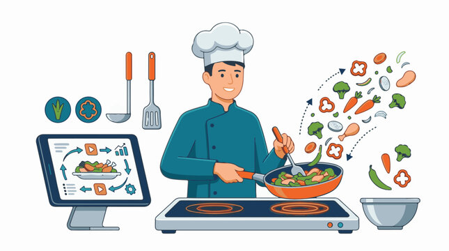 Chef cooks vegetables and chicken with digital tablet display
