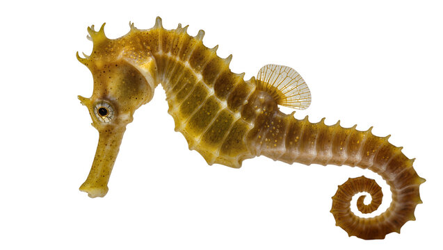 Yellow seahorse with curled tail and fin