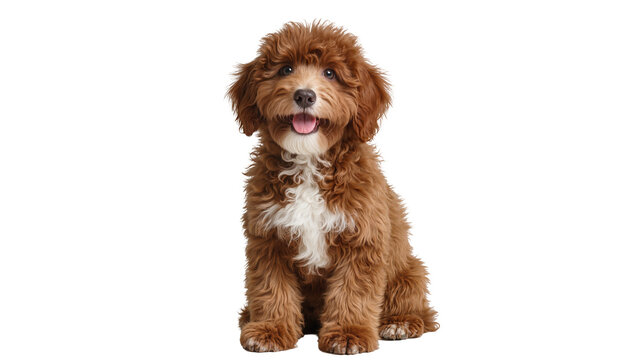 Fluffy brown poodle mix puppy sitting with tongue out