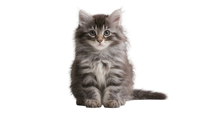 Fluffy grey tabby kitten sitting and looking forward