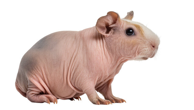 Skinny guinea pig with pink wrinkled skin and white fur on face