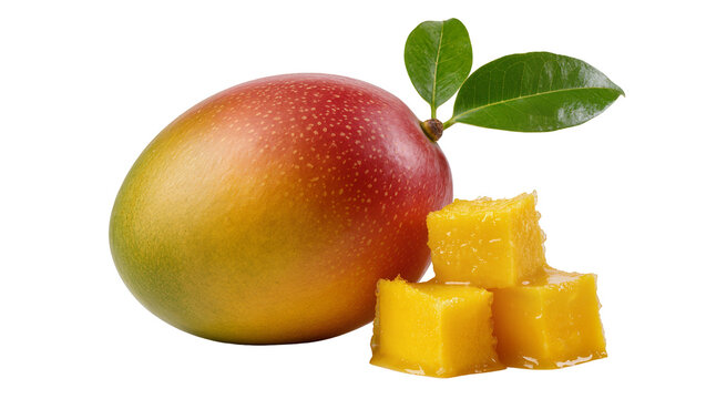 Ripe mango fruit with green leaves and diced mango cubes