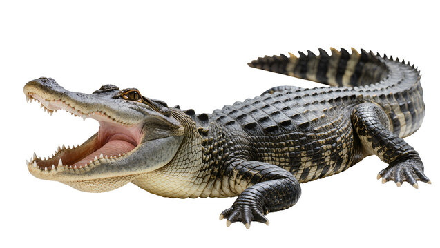 Alligator with mouth open showing sharp teeth and pink interior