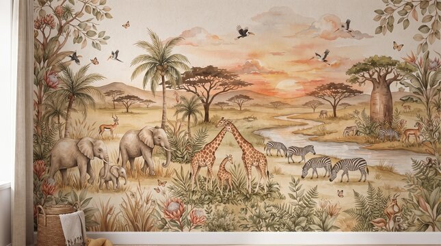 Vintage safari animal mural with elephants, giraffes, and zebras. Watercolor jungle and sunset landscape wallpaper. Retro botanical savanna nursery art 8k .