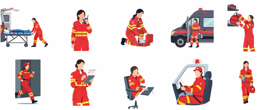 Female paramedic characters set in flat design. Emergency medical service workers in uniform performing various tasks like driving ambulance, assisting patients, and dispatching.
