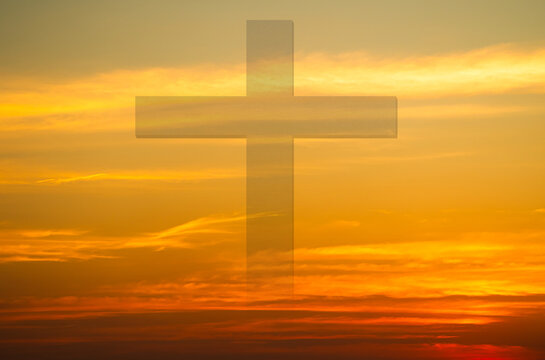 Cross christian god religion on sunset background, jesus church worship pray catholic grace christ, symbols christ love holy spiritual hope peach victory spirit meditation catholicism crucifix trush.