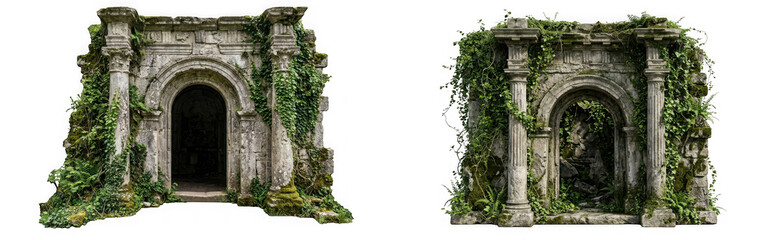 Fototapeta premium Two ancient stone archways covered in ivy and moss isolated on transparent background