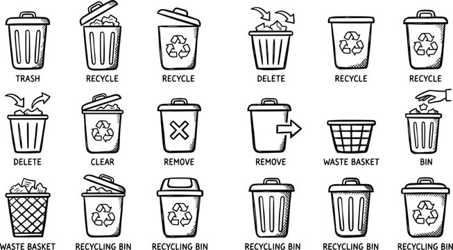 Trash icons. Garbage can symbols. Recycle bin, trash basket sign for delete, remove, clear action. Recycling waste icon. Flat outline toolbar and interface vector graphics