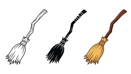 Witch broomstick vector illustration set. Halloween magic brooms, black silhouette, linear outline, brown wooden handle, transparent background. © Mahamuda Studio 