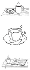 Obraz premium Cozy Reading Coffee Coloring Page Printable Castle Book Spilled Cocoa Glasses Bookmark Cracked Saucer Line Art Set