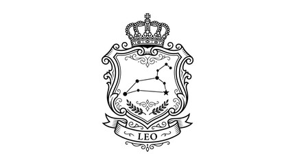 Vintage heraldic crest featuring Leo zodiac constellation with royal crown © pecel