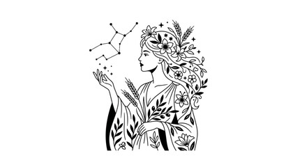Minimalist black and white floral woman with constellation illustration © pecel