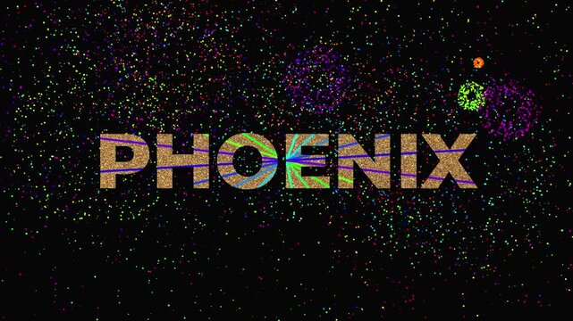 Golden word PHOENIX growing in size against a deep black background while numerous fireworks explode around it to create a celebratory atmosphere