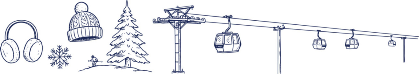 Hand-drawn winter ski resort illustration with earmuffs, knitted hat, snowflake, skier, pine tree, ski lift tower, and gondola cabins, perfect for seasonal design purposes © Fenshi