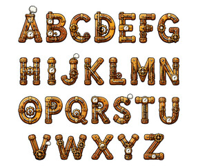 Naklejka premium Steampunk Alphabet Font with Industrial Pipes and Gears