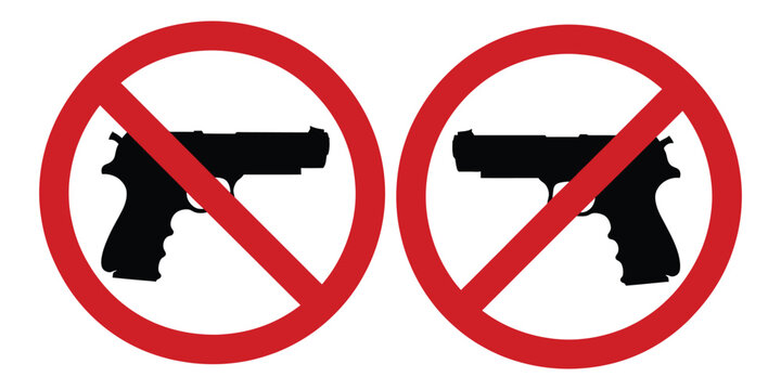 No guns allowed sign, red circle and slash gun free zone symbol, weapon prohibition, safety warning, vector illustration