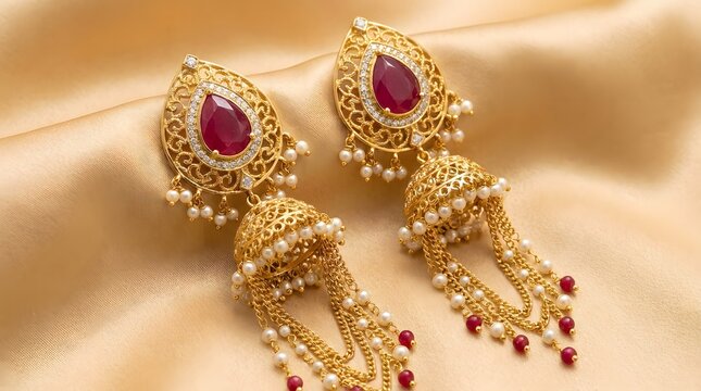 Traditional Gold Chandbali Earrings with Ruby Stone and Layered Pearl Tassels on Gold Silk
