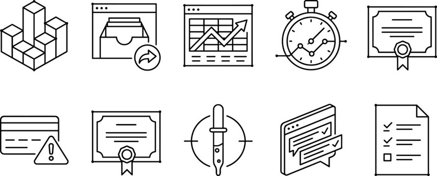 Vector outline icon set of business data analytics productivity and education featuring growth charts stopwatch certificate credit card warning and chat messages
