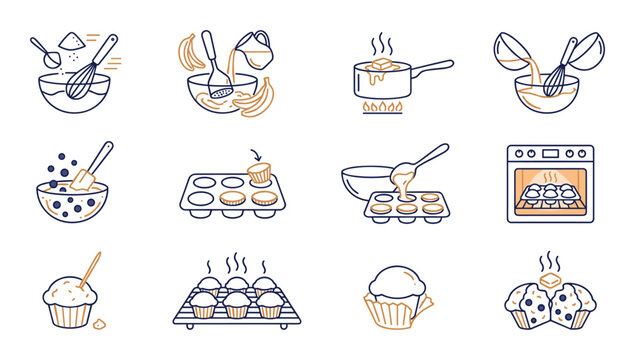 Muffin baking process step icons showing preparation and oven cooking