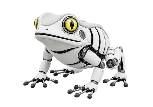Futuristic mechanical robot frog with glowing yellow eyes