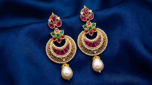 Traditional Gold Chandbali Earrings with Ruby Green Enamel and Pearl Drop on Navy Silk