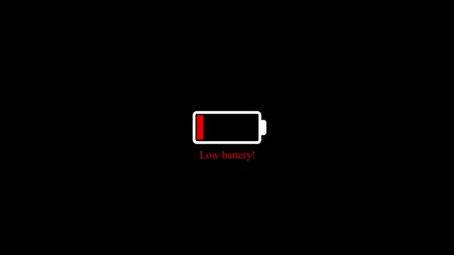Low battery warning animation with red indicator on black background 4 k.video...