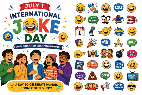 International Joke Day July 1 vector illustration set, funny emoji icons and laughing people characters, humor and comedy celebration elements