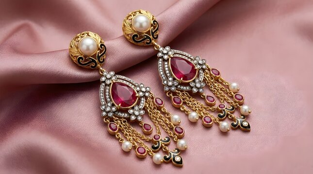 Elegant Gold Chandelier Earrings with Ruby Stones and Golden Pearl Tassels on Pink Silk