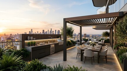 Fototapeta premium Luxury rooftop patio with outdoor kitchen and dining area, offering stunning city skyline views at sunset, surrounded by lush plants and modern amenities.