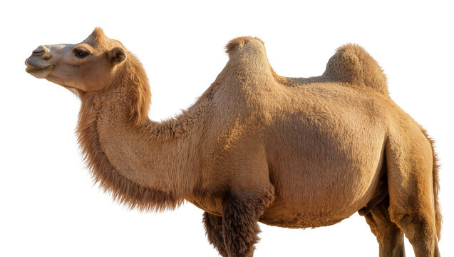 Dromedary camel with one hump light brown fur, standing profile view