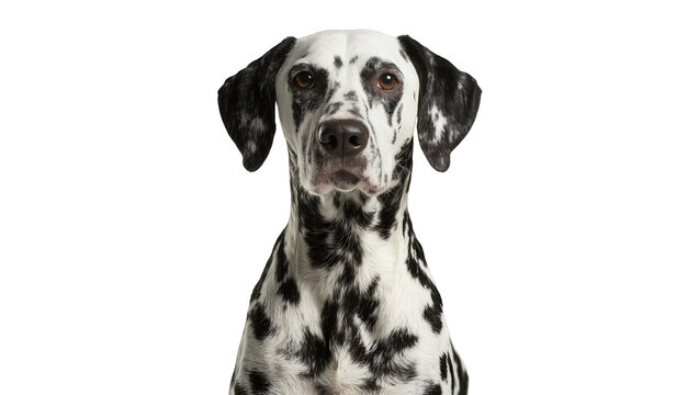 Dalmatian dog portrait with black spots on white fur