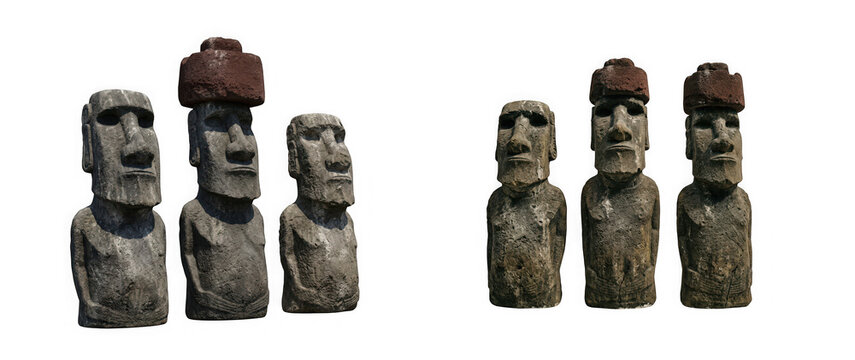 Group of moai statues from easter island isolated on transparent background