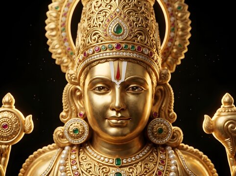 Luxury cinematic macro portrait of the sacred Lord Venkateswara golden statue isolated on a deep black background with only the divine face ornate crown forehead tilaka and upper sacred ornaments visi