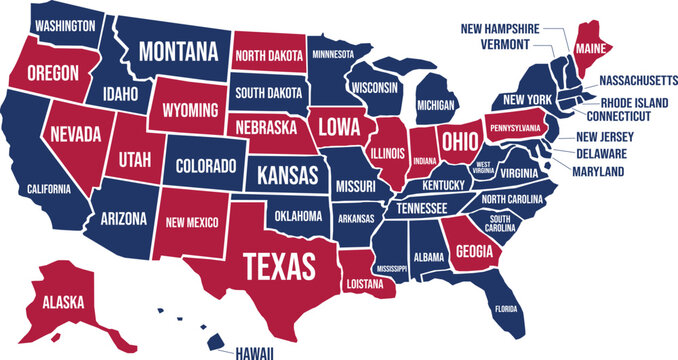 Usa map with state names and red and blue color coding