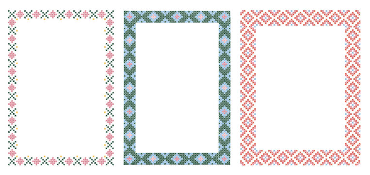 Cross Stitch Geometric Frame Set, Pixel Embroidery Borders, Folk Pattern Decorative Backgrounf templates for wedding card, greeting card, embroidery projects, digital planners, social media, banners. 