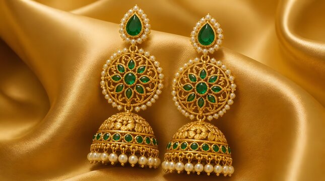 Traditional Gold Jhumka Earrings with Emerald Stones and Pearl Border on Gold Silk