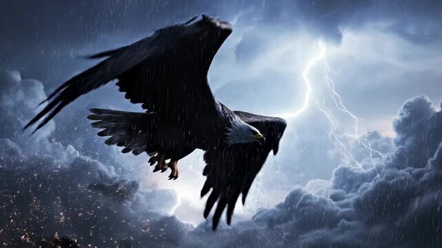Bald eagle flying through heavy rain and lightning storm. Large raptor with wings spread glides against dark ominous clouds and bright electric discharges in the sky.