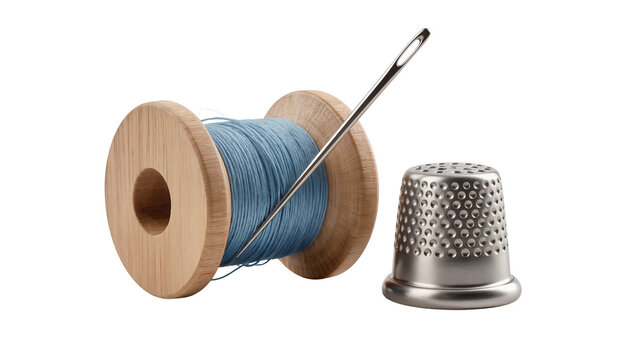 Wooden spool of blue thread with needle and thimble