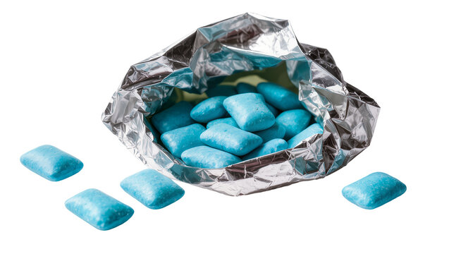 Blue rectangular chewing gum pieces spilling from foil wrapper