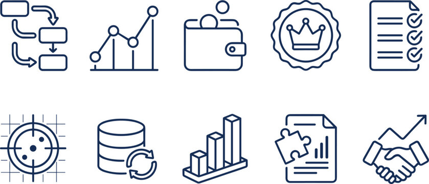 Vector outline icon set of business strategy management and data analytics featuring flowchart handshake target database wallet growth charts and checklist