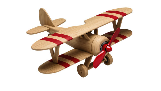 Wooden biplane toy with red stripes and propeller