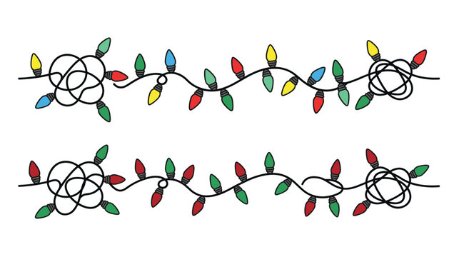 Christmas string lights vector illustration garland . Colorful festive holiday bulbs, tangled black wires, red green yellow borders, white background .