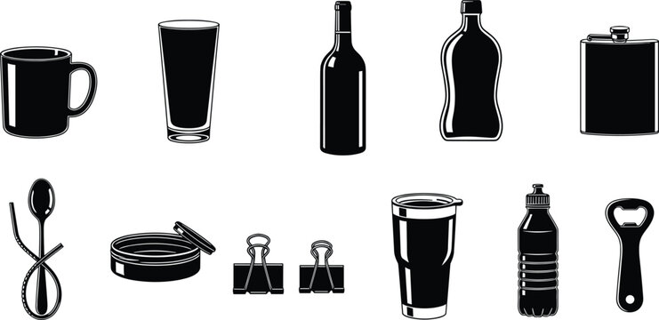 Drinkware and office tool silhouettes, coffee mug, wine bottle, binder clip, spoon fork, jar, vector icons, black design set