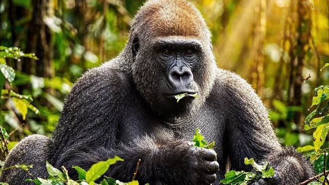 Majestic Silverback Gorilla in Lush Jungle A powerful silverback gorilla sits amidst dense green foliage calmly chewing on leaves its wise eyes surveying its lush sun dappled forest habitat