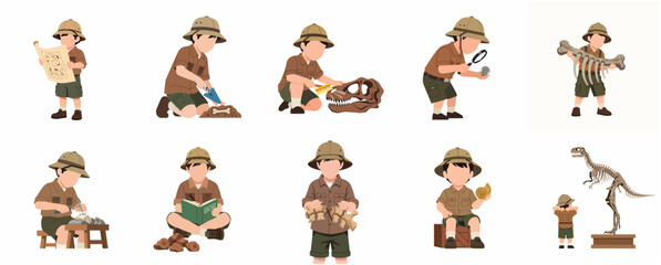 Set of young boy paleontologist characters exploring and discovering dinosaur fossils and bones in various poses © Artozo