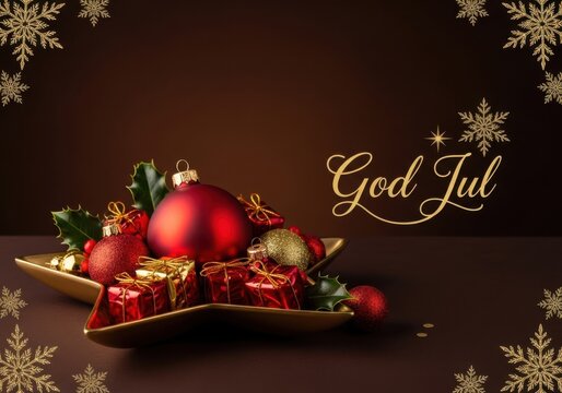Christmas festive arrangement with red ornaments and small gift boxes on a starshaped plate with god jul text